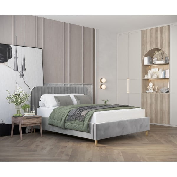 Szare tapicerowane łóżko dwuosobowe ze schowkiem i stelażem 140x200 cm Noto – Maison de Rêve-image-1