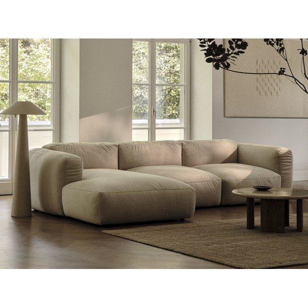 Beżowy aksamitny narożnik modułowy (prawostronny/z szezlongiem) Martina – Micadoni -image-1