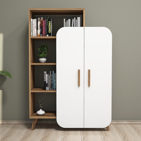 Biała szafa z półkami z dekorem drewna orzecha Garetto Form-image-4