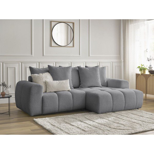 Szary rozkładany narożnik z materiału bouclé ze schowkiem (prawostronny/z szezlongiem) Roxelane – Bobochic Paris-image-4