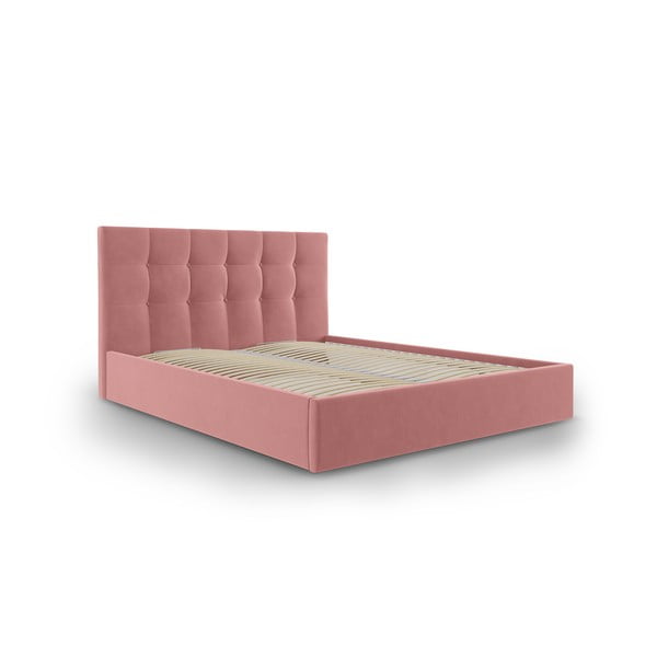 Różowe tapicerowane łóżko dwuosobowe ze schowkiem ze stelażem 160x200 cm Nerin – Mazzini Beds