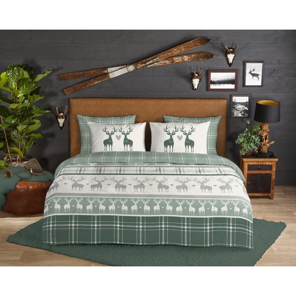 Zielono-kremowa flanelowa pościel dwuosobowa 200x220 cm Bjirk – Good Morning-image-1