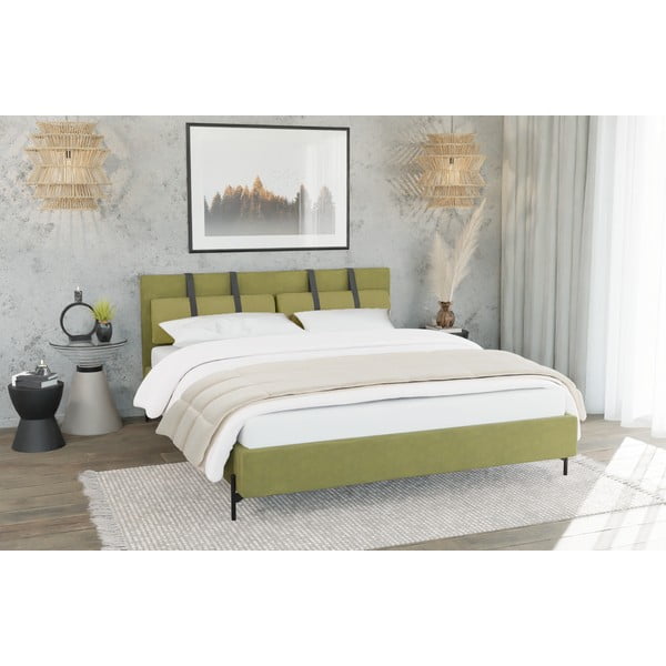 Jasnozielone tapicerowane łóżko dwuosobowe ze stelażem 200x200 cm Tulsa – Ropez-image-4