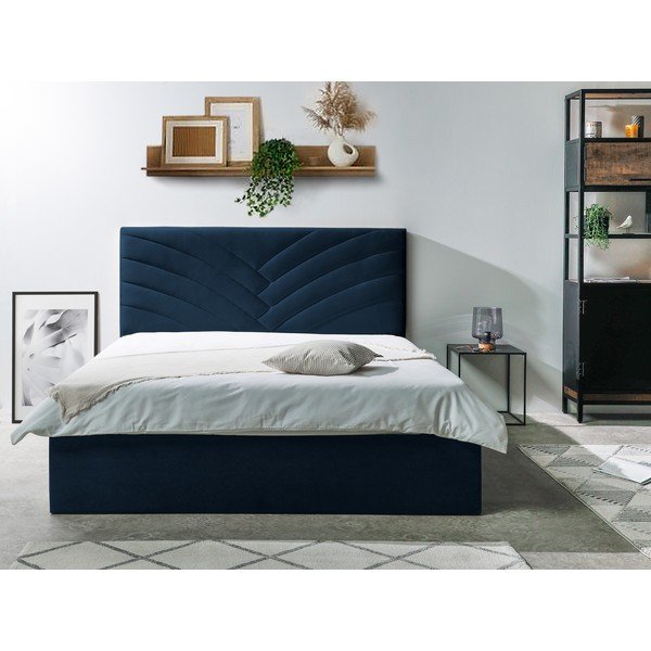 Ciemnoniebieske tapicerowane łóżko dwuosobowe ze schowkiem ze stelażem 160x200 cm Palmyre – Bobochic Paris-image-2