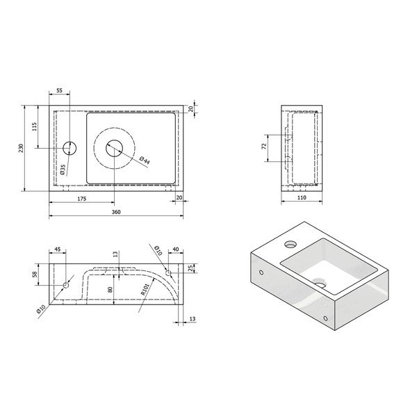 Biała mała umywalka z litego marmuru Sapho Alabama, prawostronna-image-3