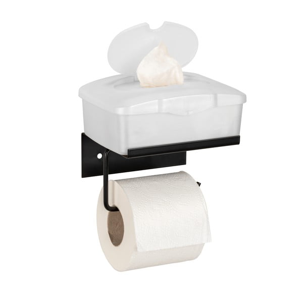 Czarny samoprzylepny metalowy uchwyt na papier toaletowy z półką Desulo – Wenko-image-3