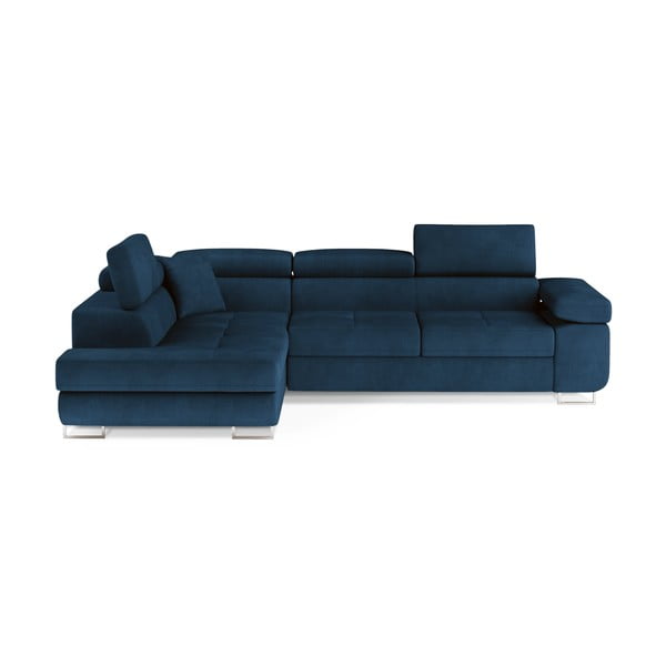 Niebieski aksamitny rozkładany/ze schowkiem narożnik (lewostronny/w kształcie litery L) Anton – ELTAP