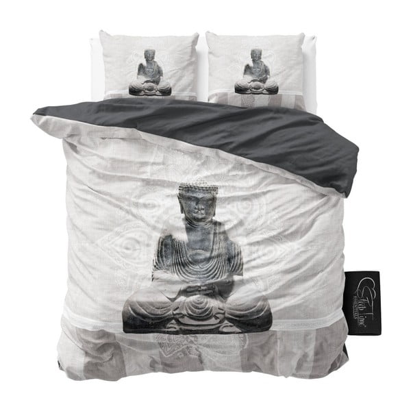 Biała jednoosobowa pościel z mikroperkalu Sleeptime Buddha Love, 160x200 cm
