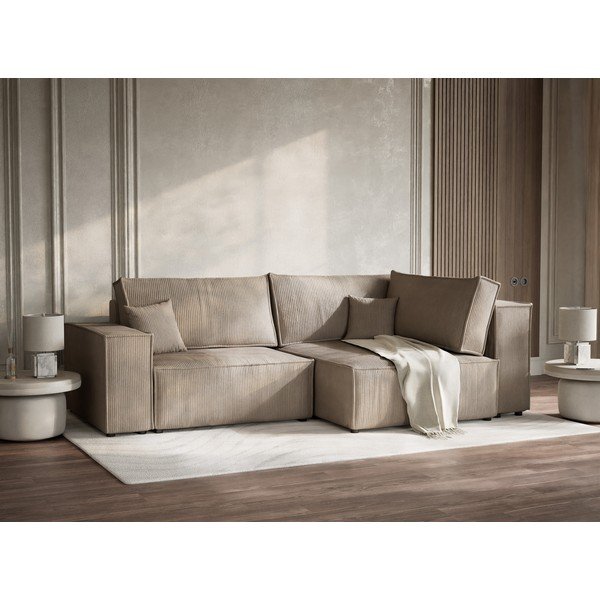 Beżowy sztruksowy rozkładany/ze schowkiem narożnik (prawostronny/w kształcie litery L) Tonga – Maison de Rêve-image-4