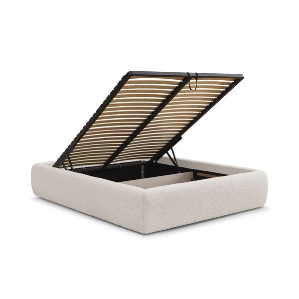 Białe tapicerowane łóżko dwuosobowe bez zagłówka ze schowkiem i stelażem 180x200 cm Inera – Bobochic Paris-image-3