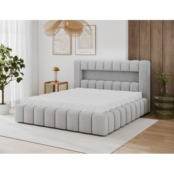 Jasnoszare tapicerowane łóżko dwuosobowe ze schowkiem ze stelażem 160x200 cm Lamica – ELTAP-image-1