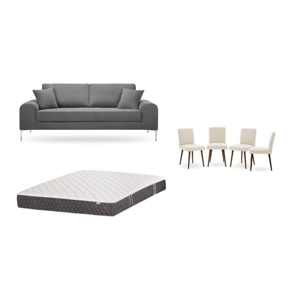 Zestaw 3-osobowej szarej sofy, 4 kremowych krzeseł i materaca 160x200 cm Home Essentials