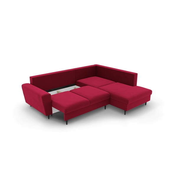 Czerwony aksamitny rozkładany narożnik ze schowkiem (prawostronny/w kształcie litery L) Kyoto – Cosmopolitan Design-image-3