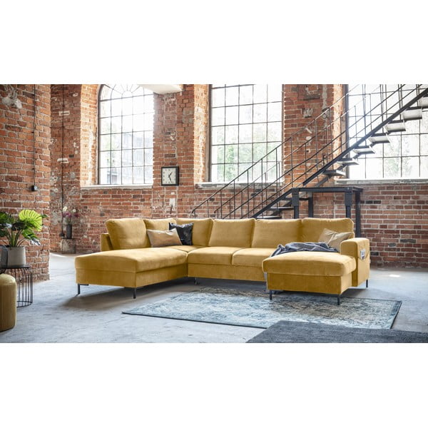 Musztardowożółta aksamitna rozkładana sofa w kształcie litery "U" Miuform Lofty Lilly, lewostronna-image-3