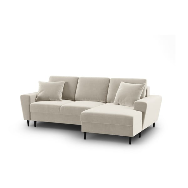 Beżowy aksamitny rozkładany narożnik ze schowkiem (prawostronny/z szezlongiem) Kyoto – Cosmopolitan Design-image-1