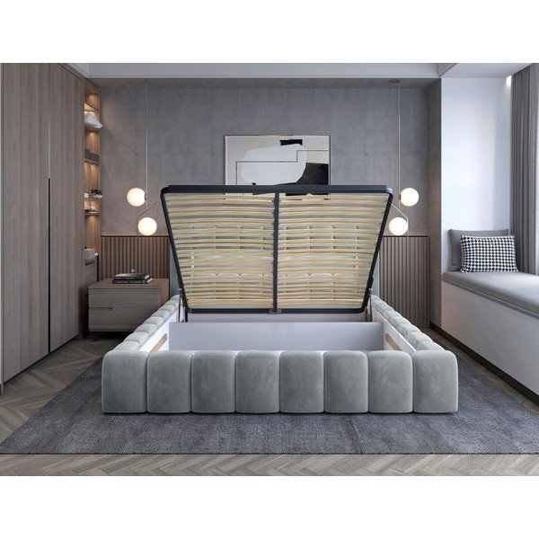 Jasnoszare tapicerowane łóżko dwuosobowe ze schowkiem ze stelażem 180x200 cm Lamica – ELTAP-image-2