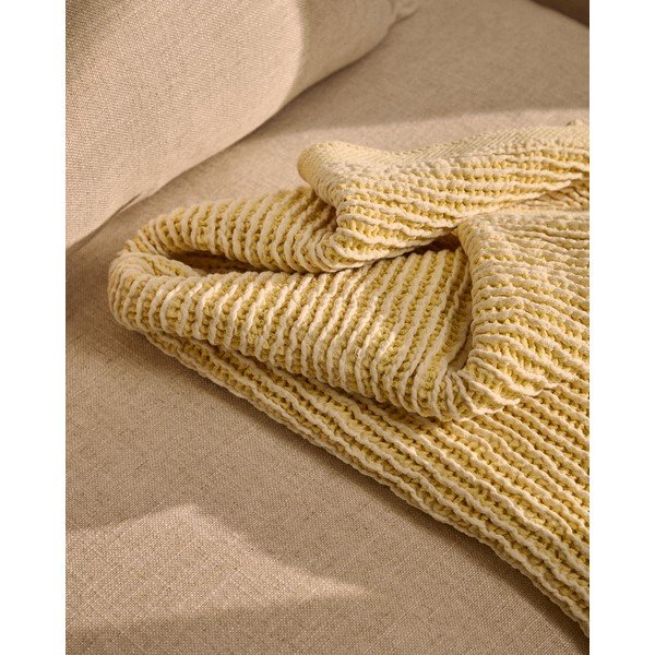 Żółty/beżowy bawełniany koc dzianinowy 100x170 cm Lideba – Kave Home-image-1