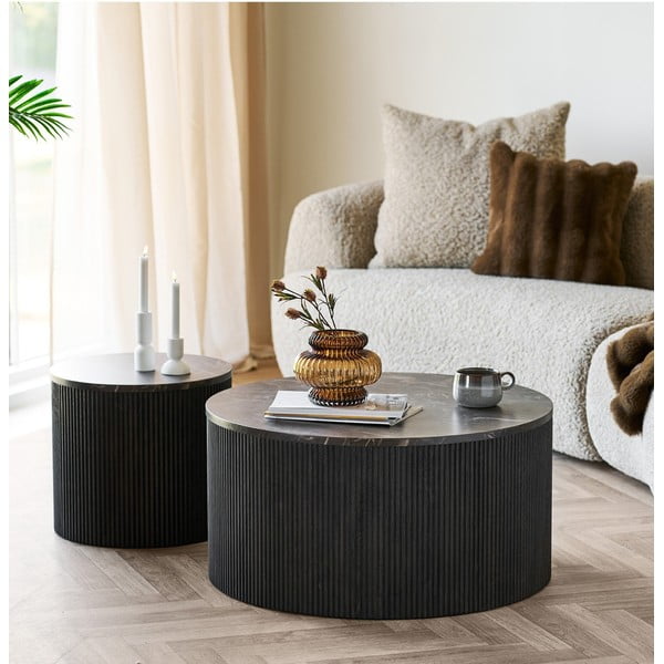 Ciemnobrązowy okrągły stolik z blatem w dekorze marmuru ø 80 cm Rota – House Nordic-image-1