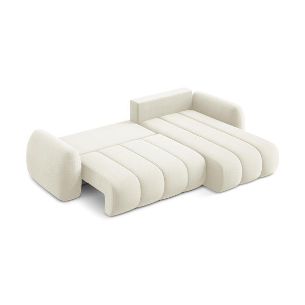 Beżowy rozkładany narożnik z materiału bouclé ze schowkiem (prawostronny/z szezlongiem) Pele – Makamii-image-4