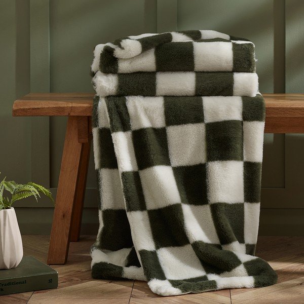 Biały/zielony koc 130x170 cm Cosy Soft Checkerboard – Catherine Lansfield-image-2