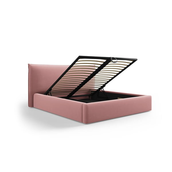 Różowe tapicerowane łóżko dwuosobowe ze schowkiem i stelażem 160x200 cm Elio – Milo Casa-image-2