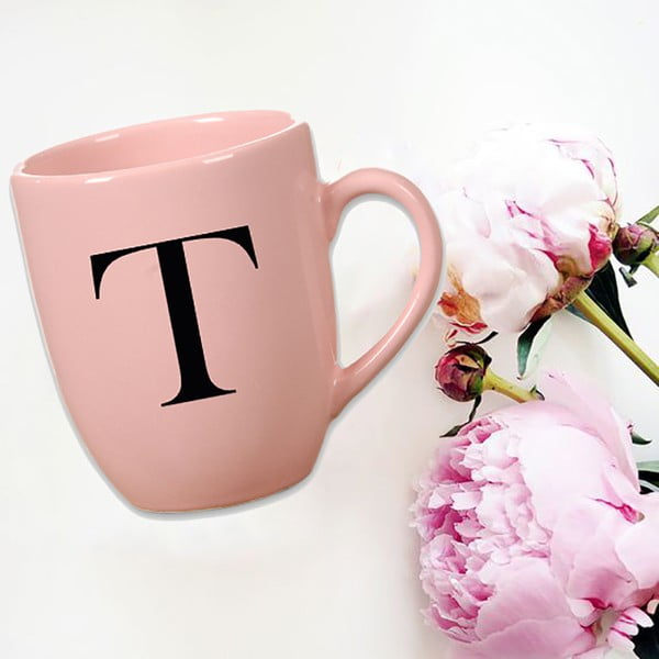 Różowy kubek ceramiczny Vivas Letter T, 330 ml