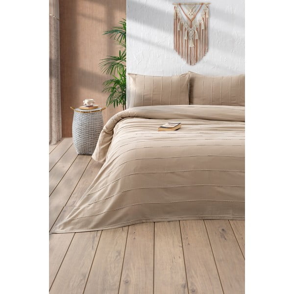 Beżowy bawełniany zestaw narzuty na łóżko i poszewki na poduszkę 210x220 cm Sedef – Mijolnir