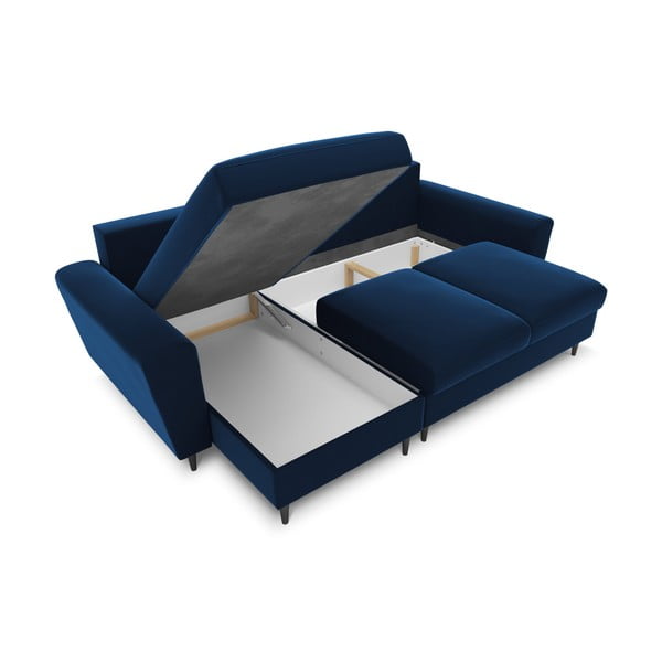 Niebieski aksamitny rozkładany narożnik ze schowkiem Kyoto – Cosmopolitan Design-image-2