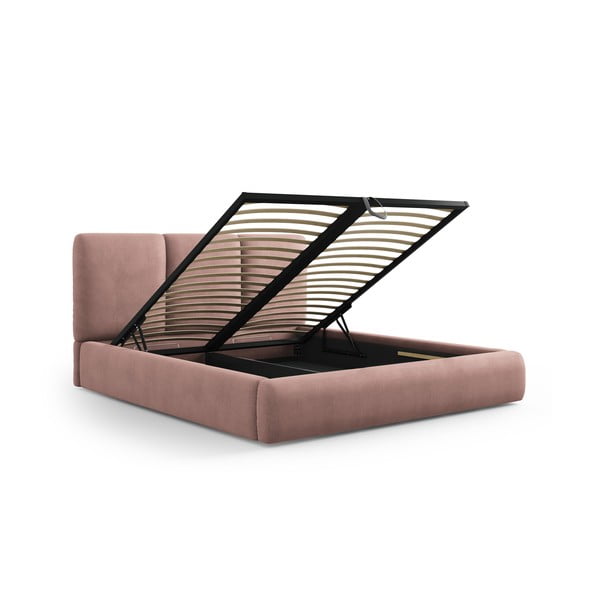 Jasnoróżowe tapicerowane łóżko dwuosobowe ze schowkiem i stelażem 140x200 cm Brody – Mazzini Beds-image-2