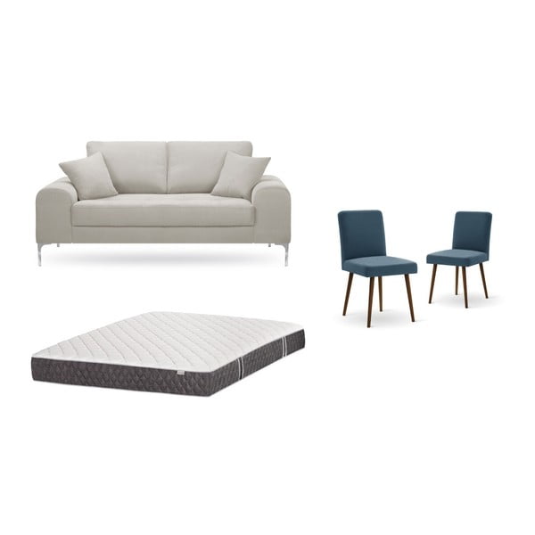 Zestaw 2-osobowej kremowej sofy, 2 niebieskich krzeseł i materaca 140x200 cm Home Essentials