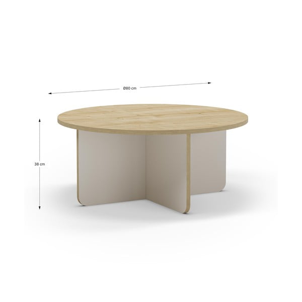 Kremowy/w naturalnym kolorze okrągły stolik z blatem w dekorze dębu ø 80 cm Hillary – Marckeric-image-4