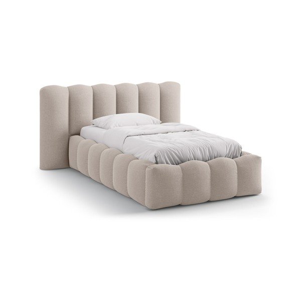 Jasnobrązowe tapicerowane łóżko jednoosobowe ze schowkiem i stelażem 90x200 cm Lupine – Micadoni 