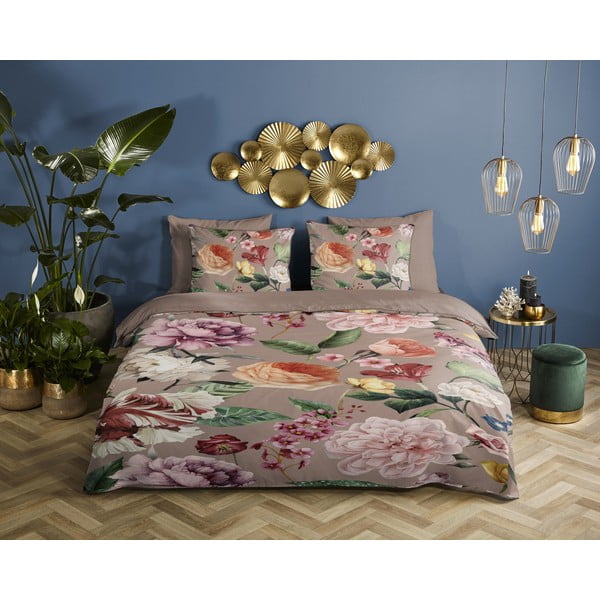 Szaro-brązowa pościel dwuosobowa z satyny bawełnianej 240x220 cm Fiori – Descanso-image-1