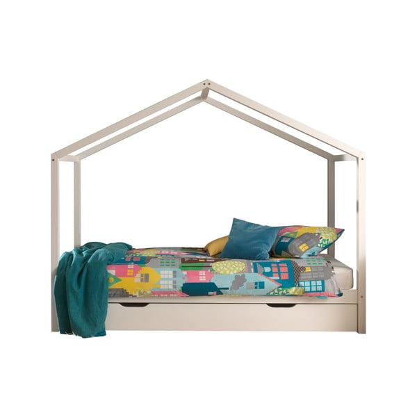 Białe łóżko dziecięce z litego drewna sosnowego w kształcie domku z wysuwanym łóżkiem ze schowkiem 90x200 cm DALLAS – Vipack