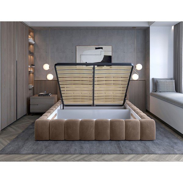Jasnobrązowe tapicerowane łóżko dwuosobowe ze schowkiem ze stelażem 140x200 cm Lamica – ELTAP-image-2