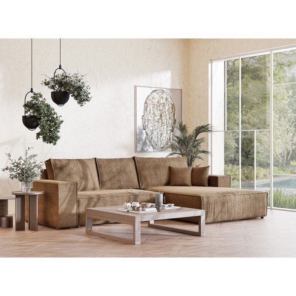 Jasnobrązowy rozkładany/ze schowkiem narożnik z tkaniny szenilowej (prawostronny/z szezlongiem) Maze – Maison de Rêve-image-1