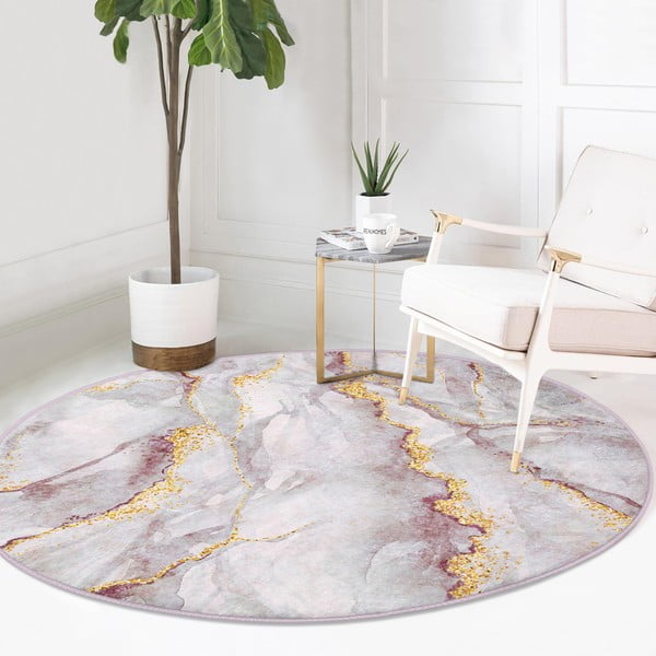 Jasnoróżowy/w kolorze złota okrągły dywan odpowiedni do prania ø 120 cm Marble – Mila Home-image-2