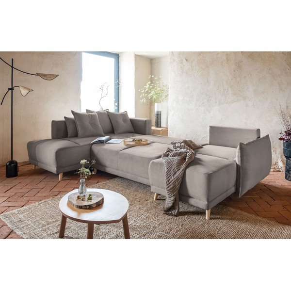 Jasnobrązowy sztruksowy rozkładany narożnik (lewostronny/w kształcie litery U) Lazy Lukka – Miuform-image-1