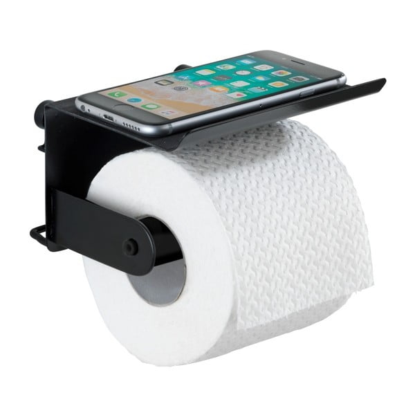 Czarny ścienny uchwyt na papier toaletowy z podkładką na telefon komórkowy Wenko Classic Plus