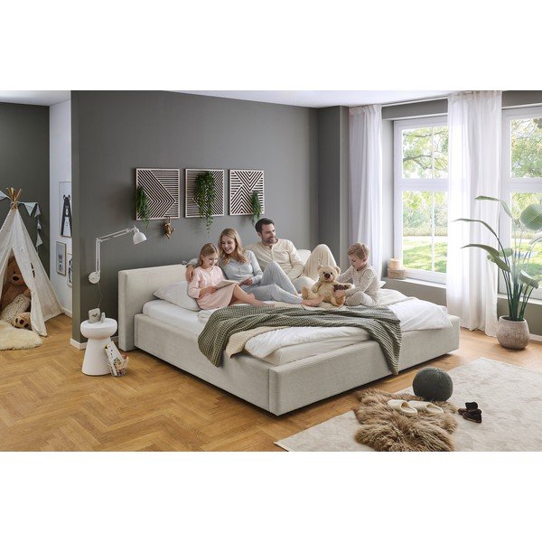 Beżowe tapicerowane łóżko dwuosobowe ze schowkiem ze stelażem 200x240 cm Cube – Meise Möbel-image-3