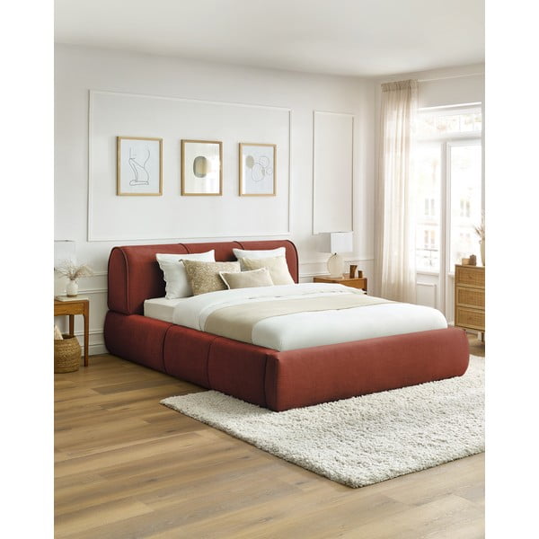 Pomarańczowe tapicerowane łóżko dwuosobowe ze schowkiem i stelażem 180x200 cm Vernon – Bobochic Paris-image-1