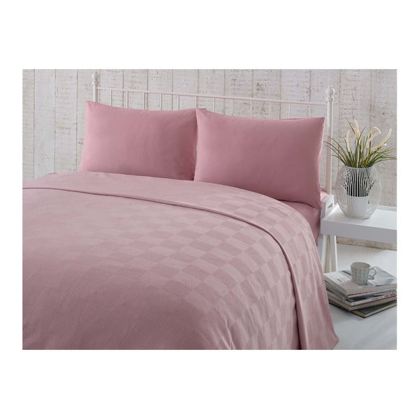 Różowa bawełniana narzuta dwuosobowa z prześcieradłem i poszewkami na poduszki Simplicity, 200x235 cm