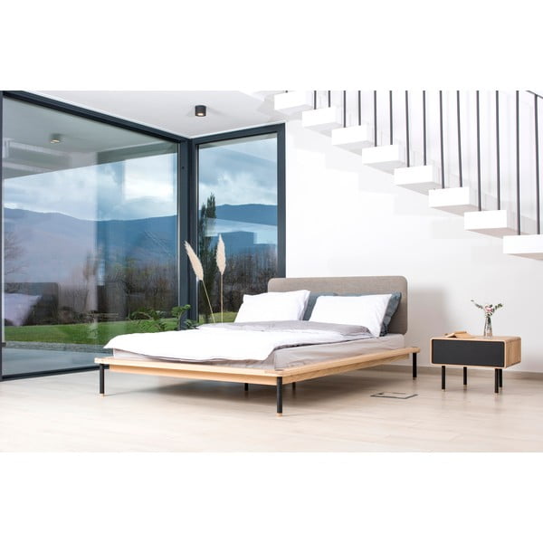 Szare/naturalne łóżko dwuosobowe z litego drewna dębowego ze stelażem 140x200 cm Fina – Gazzda-image-1