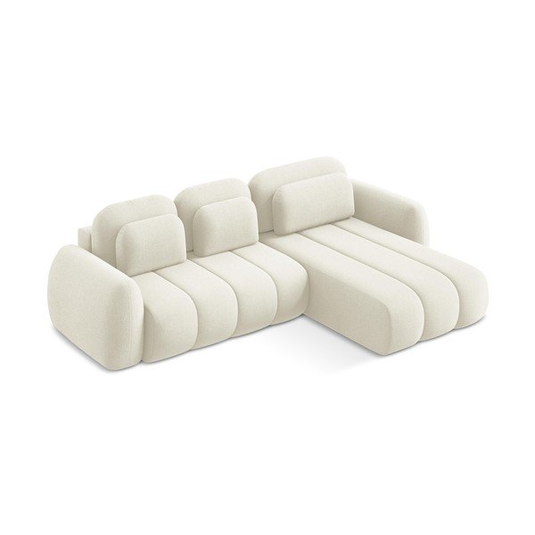 Beżowy rozkładany narożnik z materiału bouclé ze schowkiem (prawostronny/z szezlongiem) Pele – Makamii-image-2