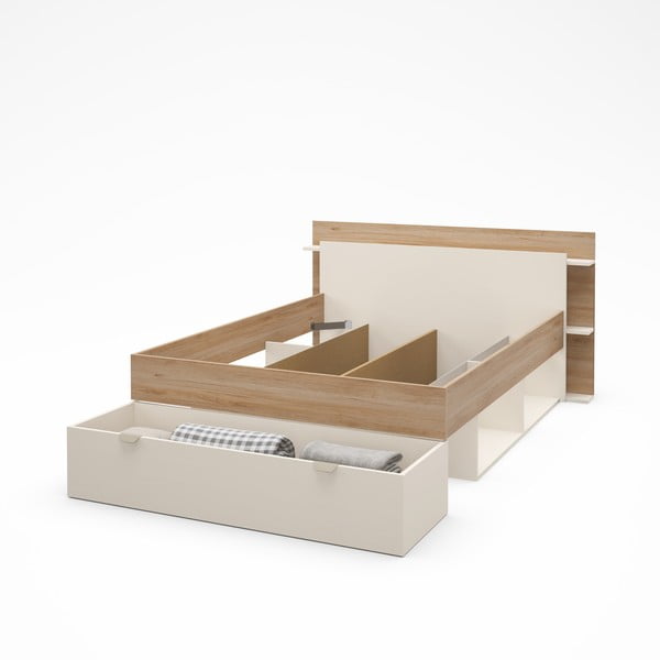 Biało-naturalne łóżko dwuosobowe w dekorze dębu ze schowkiem bez stelaża 140x190 cm Albo – Marckeric-image-4