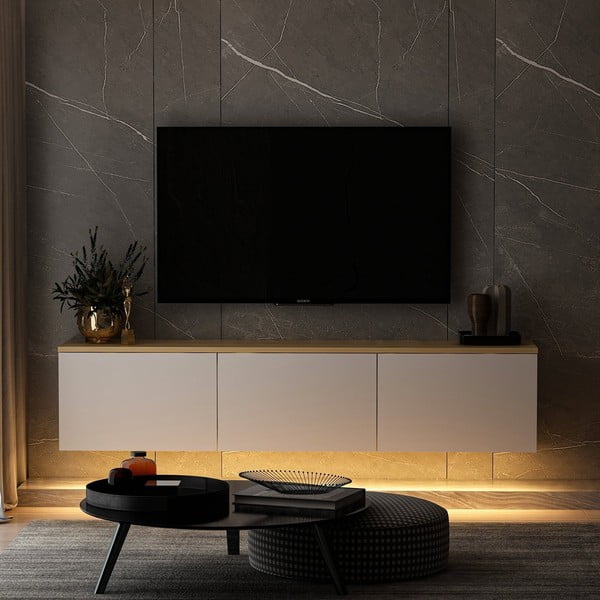 Biało-naturalna szafka pod TV w dekorze dębu 160x35x32 cm Neon – Kalune Design-image-3