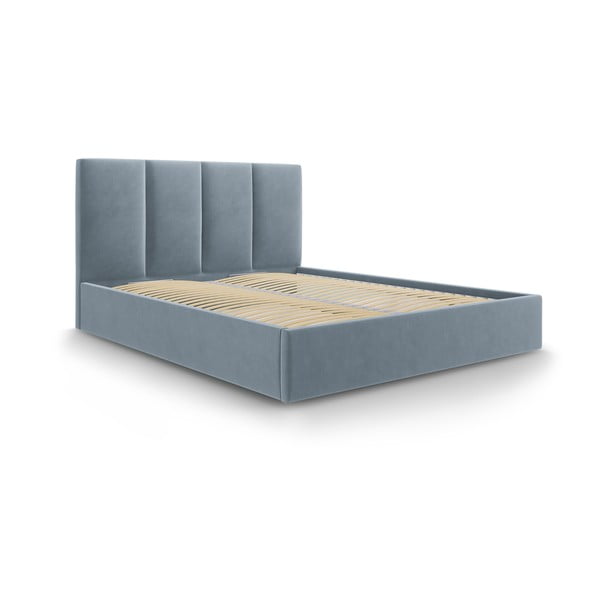 Jasnoniebieske tapicerowane łóżko dwuosobowe ze schowkiem ze stelażem 140x200 cm Juniper – Mazzini Beds