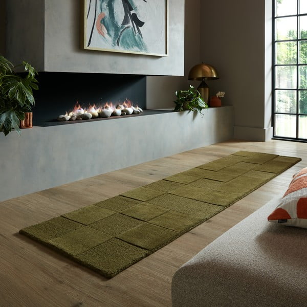 Wełniany chodnik tkany ręcznie w kolorze khaki 60x230 cm Checkerboard – Flair Rugs-image-1