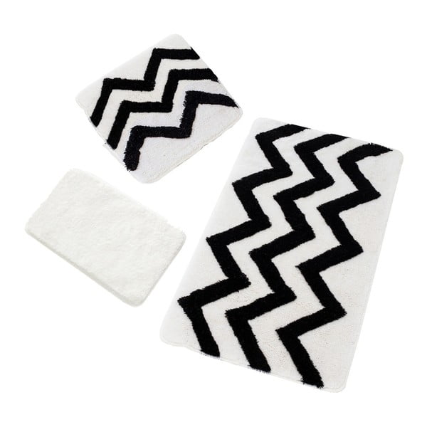 Komplet 3 czarno-białych dywaników łazienkowych Zigzag