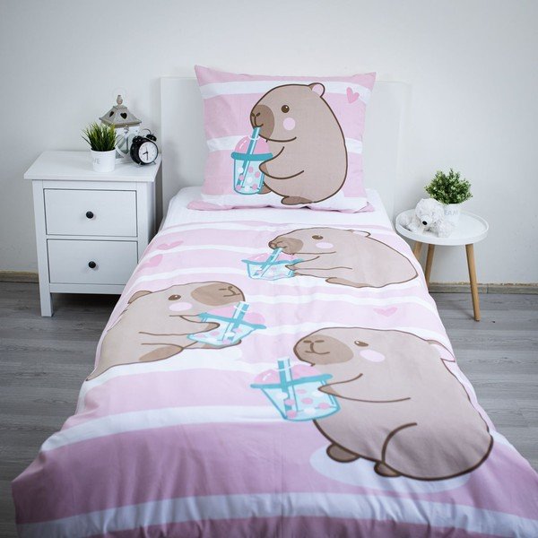 Różowa bawełniana pościel dziecięca jednoosobowa 140x200 cm Kapybara – Jerry Fabrics-image-1